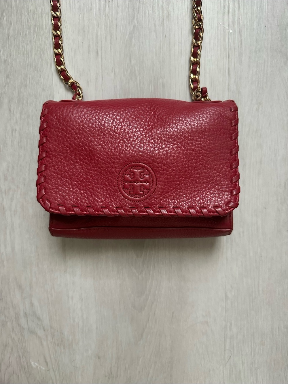 Tory Burch Red Pebbled Leather Whipstitch Chain Crossbody